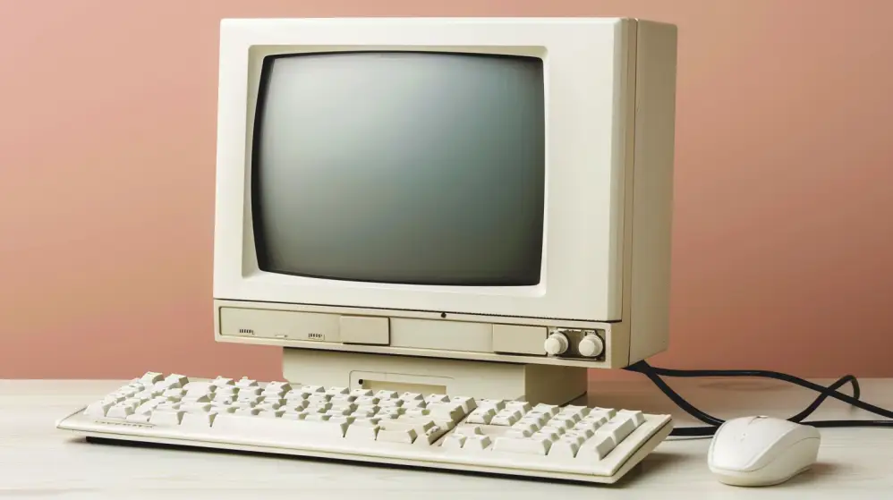 En vintagebeige dator, som förkroppsligar datorns historia, sitter på ett ljust bord med en CRT-skärm, tangentbord och trådbunden mus. Skärmen är avstängd eftersom installationen vilar elegant mot en persikofärgad bakgrund.