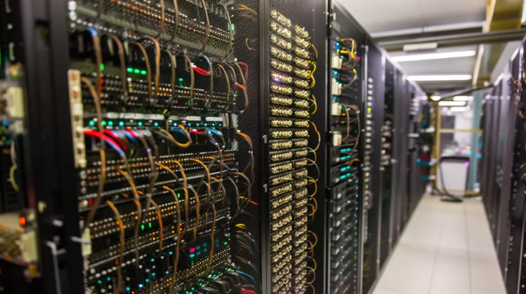 En lång gång i ett datacenter har rader av serverrack på båda sidor av kvantdatorer. Hus kvantdatorer och nätverksutrustning, racken lyser med indikatorlampor i olika färger. Artificiell intelligens optimerar driften eftersom kakel kantar golv och tak för effektivitet.