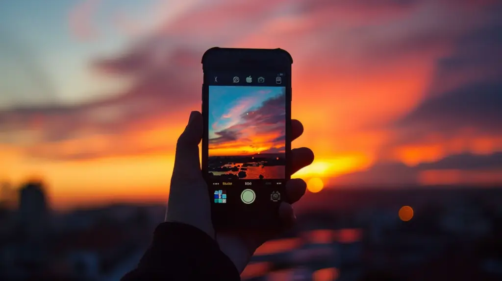 En hand håller upp en iPhone och fångar en levande solnedgång. Himlen sprudlar av dramatiska orange, rosa och lila nyanser, eftersom moln skapar slående kontrast. Skärmen speglar denna färgglada scen och visar livfulla bilder av naturens kvällsmästerverk.