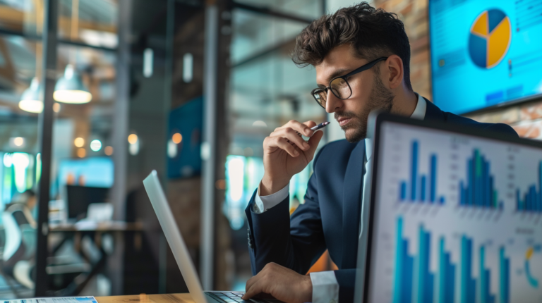 En man i kostym och glasögon sitter vid ett skrivbord på ett modernt kontor och tittar eftertänksamt på sin bärbara dator. På hans skärm syns grafer och diagram från Business Intelligence, som belyser tekniken bakom smart dataanalys.