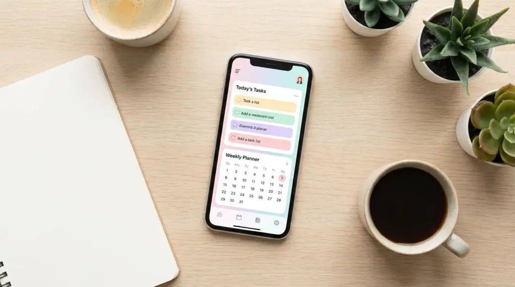 En smartphone med en att-göra-lista och en kalender på ett skrivbord av trä, omgiven av en anteckningsbok, kaffekoppar och krukväxter.