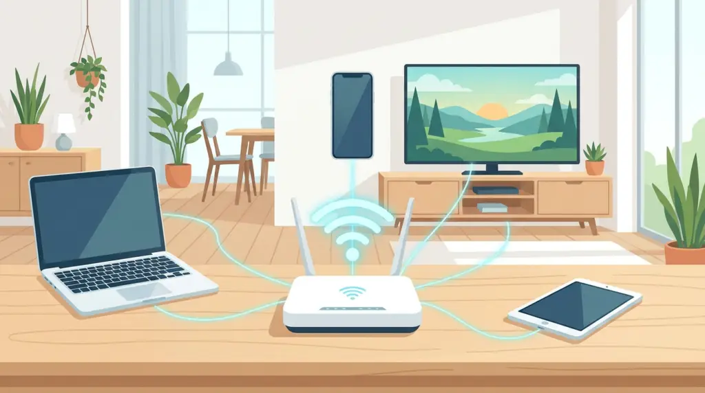 En wi-fi-router på ett bord ansluter trådlöst till en bärbar dator, en smartphone och en surfplatta i ett ljust vardagsrum med växter, en tv och stora fönster.