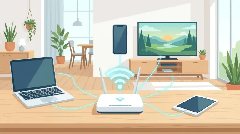 En Wi-Fi-router på ett bord ansluter trådlöst till en bärbar dator, en smartphone och en surfplatta i ett ljust vardagsrum med växter, en TV och stora fönster.