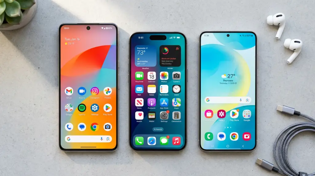 Tre moderna smartphones visas sida vid sida på en ljus yta. Två har android-gränssnitt och en visar en ios-startskärm. Runt omkring dem syns också öronsnäckor, en växt och laddningskablar.