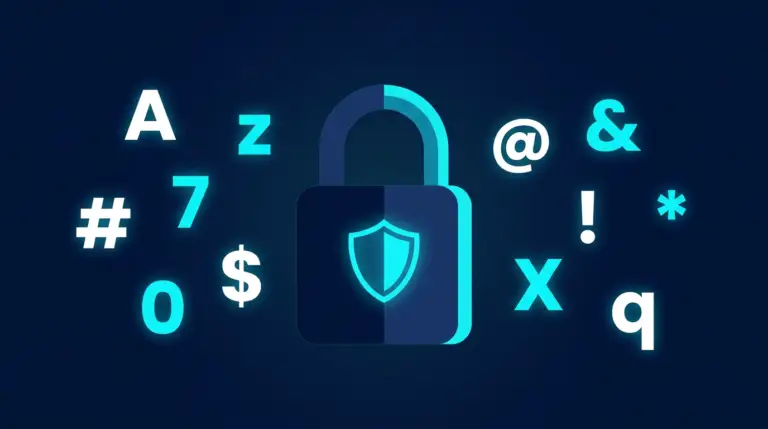 Ett digitalt hänglås med en sköldsymbol omges av blå bokstäver, siffror och symboler som representerar cybersäkerhet och lösenordsskydd på en mörk bakgrund.