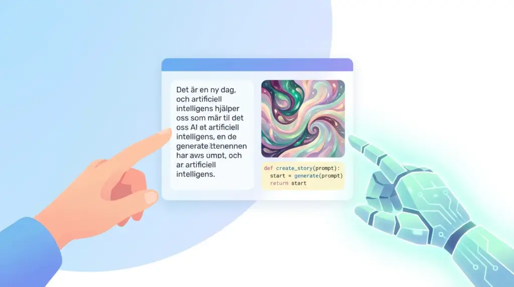 En människohand och en robothand pekar båda på en digital skärm som visar svensk text, abstrakt konst och en liten kodsnutt, vilket symboliserar samarbetet mellan människor och artificiell intelligens.