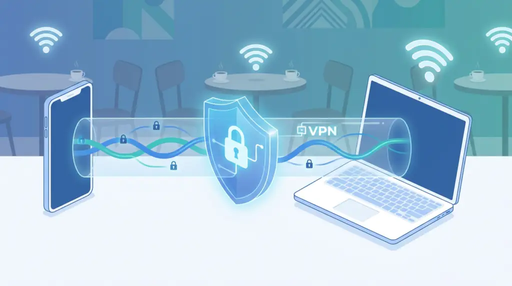 Illustration av en telefon och en bärbar dator som använder vpn för säker internetanslutning på ett café, med en digital sköld, hänglås och wi-fi-signaler som representerar onlinesäkerhet och dataskydd.