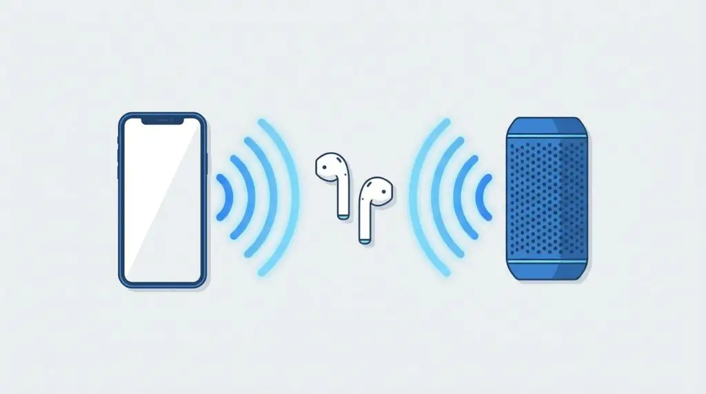 Illustration av en smartphone, ett par trådlösa öronsnäckor och en bärbar högtalare med blå ljudvågor, vilket representerar bluetooth eller trådlös ljudanslutning mellan enheterna.