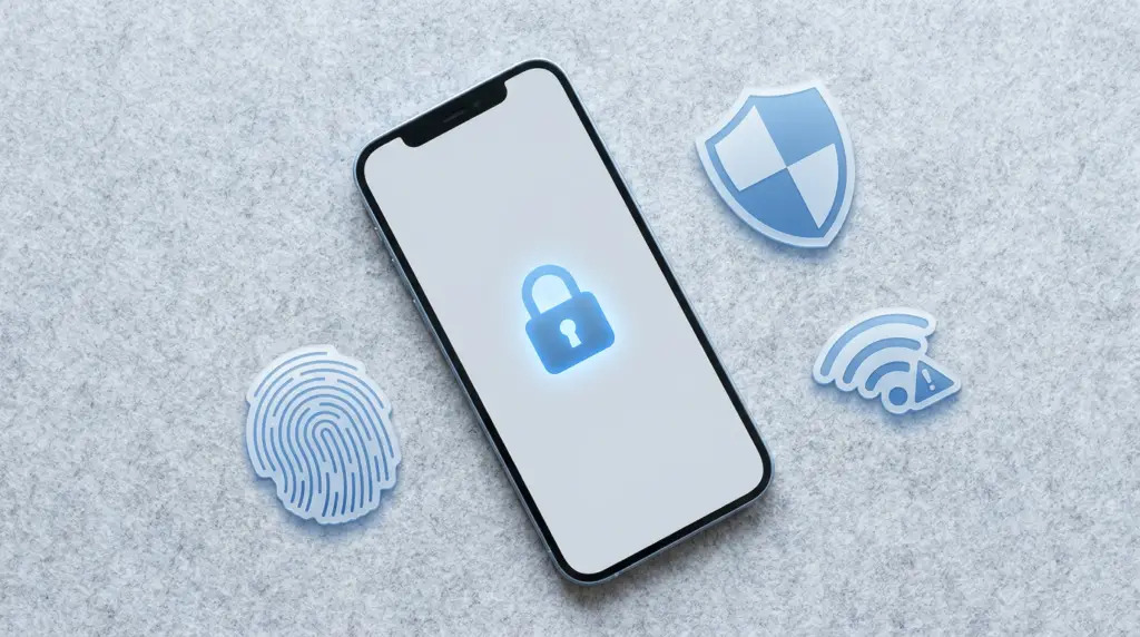 En smartphone med en glödande låsikon på skärmen ligger på en grå yta, omgiven av illustrationer av ett fingeravtryck, en sköld och en wi-fi-symbol med ett utropstecken.
