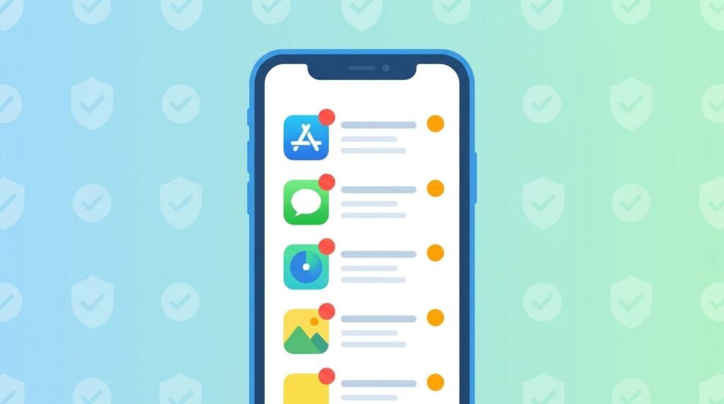 På en smarttelefonskärm visas en lista med appikoner, med meddelandepunkter och reglage. Bakgrunden är blå och grön med svaga bockar.