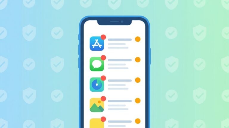 På en smarttelefonskärm visas en lista med appikoner, med meddelandepunkter och reglage. Bakgrunden är blå och grön med svaga bockar.