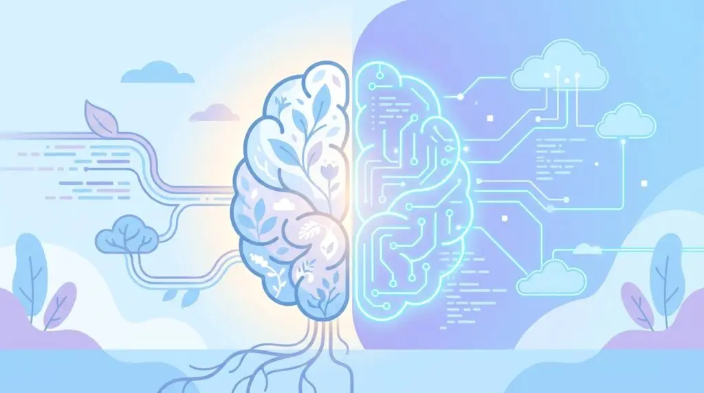 Illustration av en hjärna som är delad på mitten: den vänstra sidan är organisk med löv och rötter, vilket representerar naturen, medan den högra sidan är digital med kretsar och molnikoner, vilket symboliserar teknik och artificiell intelligens.