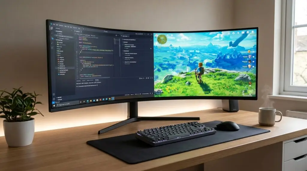 En böjd ultrawide-skärm på ett träbord visar kod till vänster och ett videospel till höger. Ett tangentbord, en mus, en mugg och en liten växt står också på skrivbordet nära ett ljust fönster.