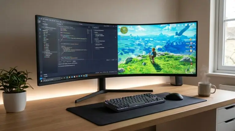 En böjd ultrawide-skärm på ett träbord visar kod till vänster och ett videospel till höger. Ett tangentbord, en mus, en mugg och en liten växt står också på skrivbordet nära ett ljust fönster.