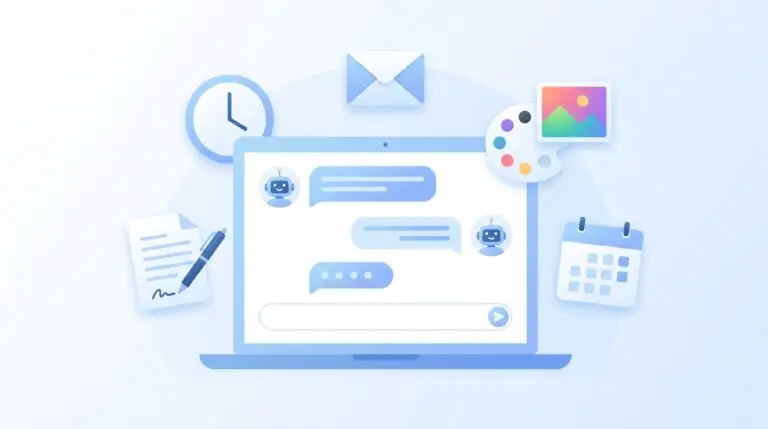 Illustration av en bärbar dator som visar en konversation med en chatbot, omgiven av ikoner för en klocka, ett kuvert, en kalender, ett papper med en penna och en färgpalett, som symboliserar produktivitets- och kommunikationsverktyg.