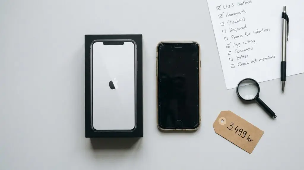 En ny iphone i sin förpackning, en äldre iphone, ett förstoringsglas, en checklista, en svart penna och en prislapp med priset 3 499 kr är uppställda på en vit yta.
