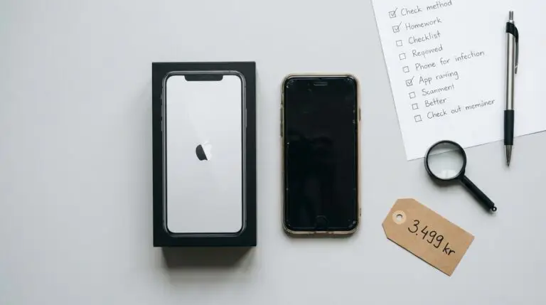 En ny iPhone i sin förpackning, en äldre iPhone, ett förstoringsglas, en checklista, en svart penna och en prislapp med priset 3 499 kr är uppställda på en vit yta.