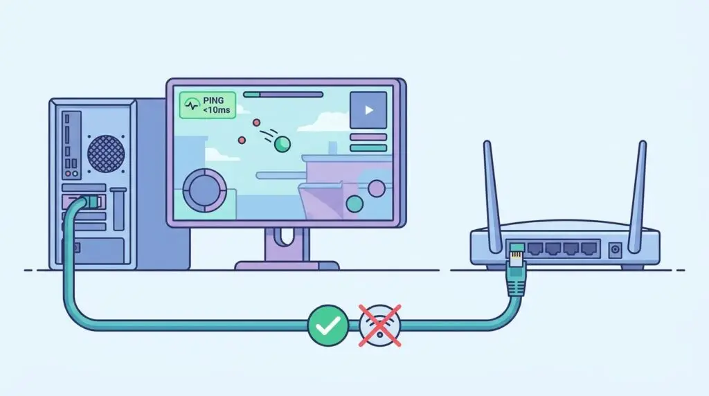 Illustration av en stationär dator som är ansluten via kabel till en router med en grön bock, där skärmen visar låg ping, medan en trådlös anslutning är överkorsad, vilket antyder att kabelanslutningar ger bättre spelprestanda.