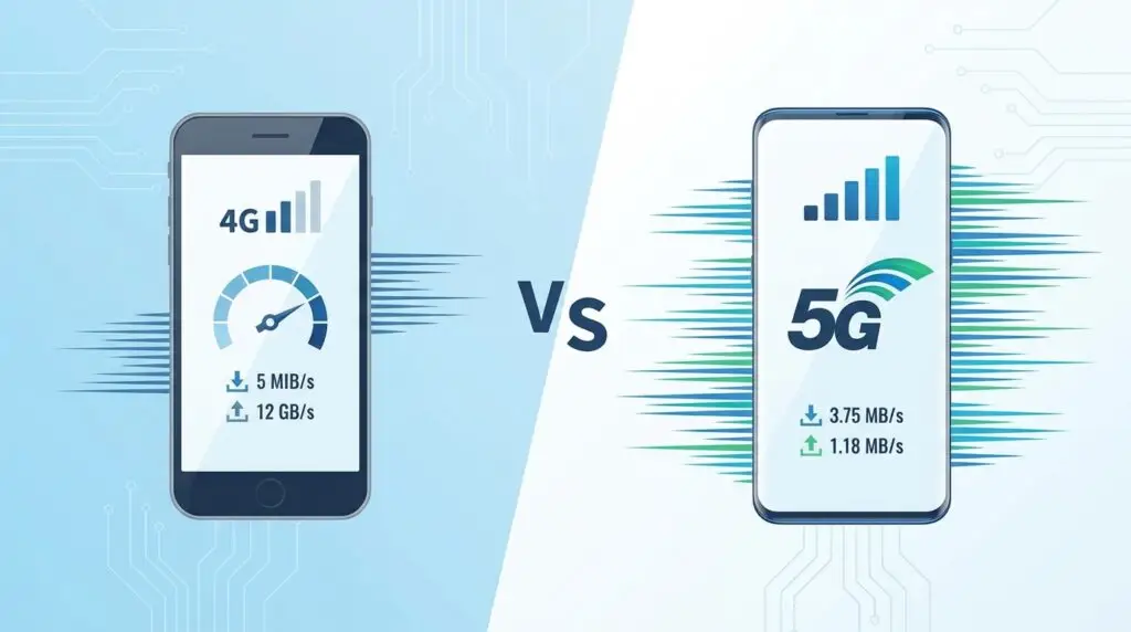 Illustration som jämför 4g- och 5g-smartphones och visar nedladdnings- och uppladdningshastigheterna för respektive teknik. 4g uppvisar lägre hastigheter, medan 5g uppvisar högre hastigheter, vilket belyser den tekniska utvecklingen inom mobildata.