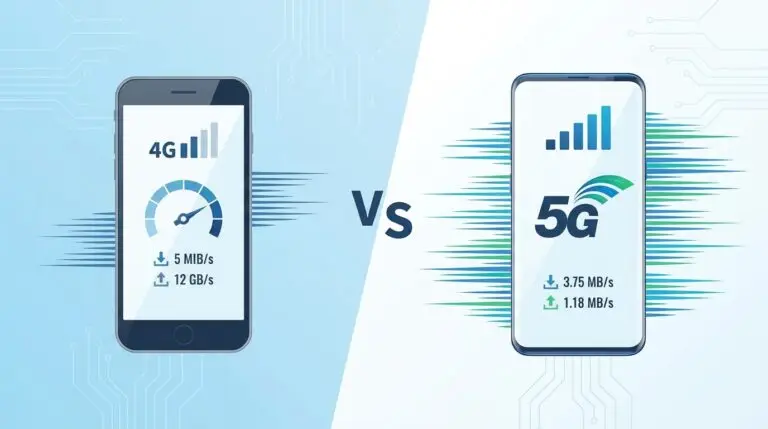 Illustration som jämför 4G- och 5G-smartphones och visar nedladdnings- och uppladdningshastigheterna för respektive teknik. 4G uppvisar lägre hastigheter, medan 5G uppvisar högre hastigheter, vilket belyser den tekniska utvecklingen inom mobildata.