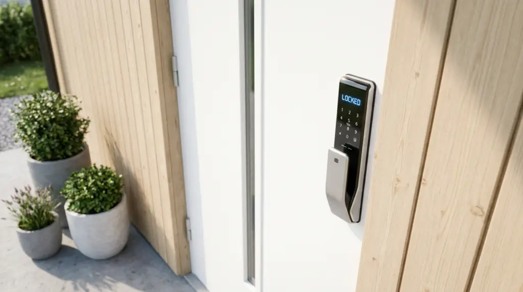 Ett modernt elektroniskt dörrlås med knappsats visar ”locked” på en skärm som är monterad på en ljus trädörr. Tre krukväxter står på marken bredvid ingången.