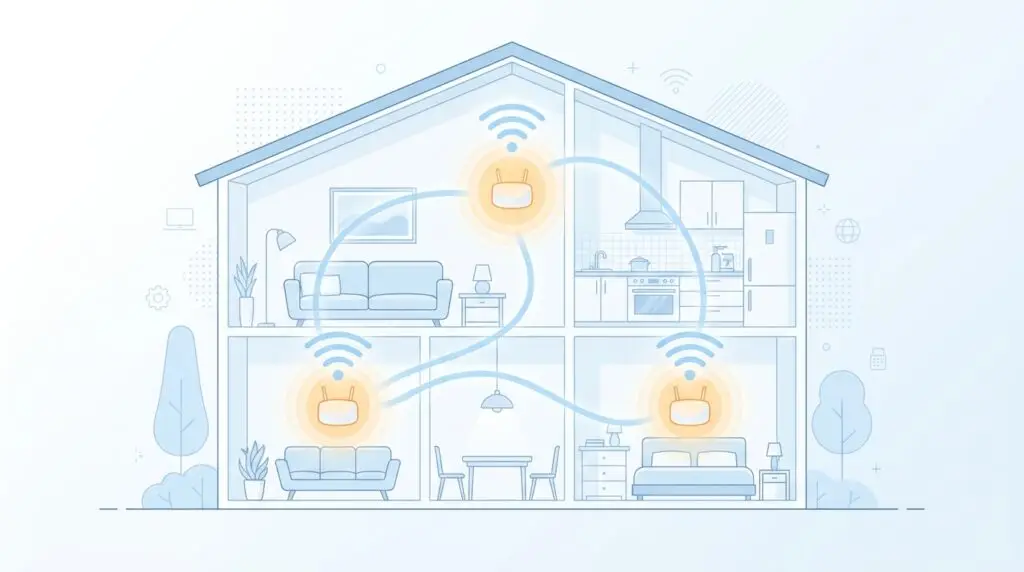 Illustration av ett tvåvåningshus med tre Wi-Fi-routrar på olika våningar, som visar hur de trådlösa signalerna täcker vardagsrummet, köket, sovrummet och matsalen. Blå linjer förbinder routrarna och indikerar ett mesh-nätverk.