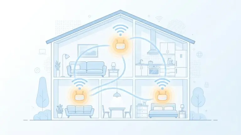 Illustration av ett tvåvåningshus med tre Wi-Fi-routrar på olika våningar, som visar hur de trådlösa signalerna täcker vardagsrummet, köket, sovrummet och matsalen. Blå linjer förbinder routrarna och indikerar ett mesh-nätverk.