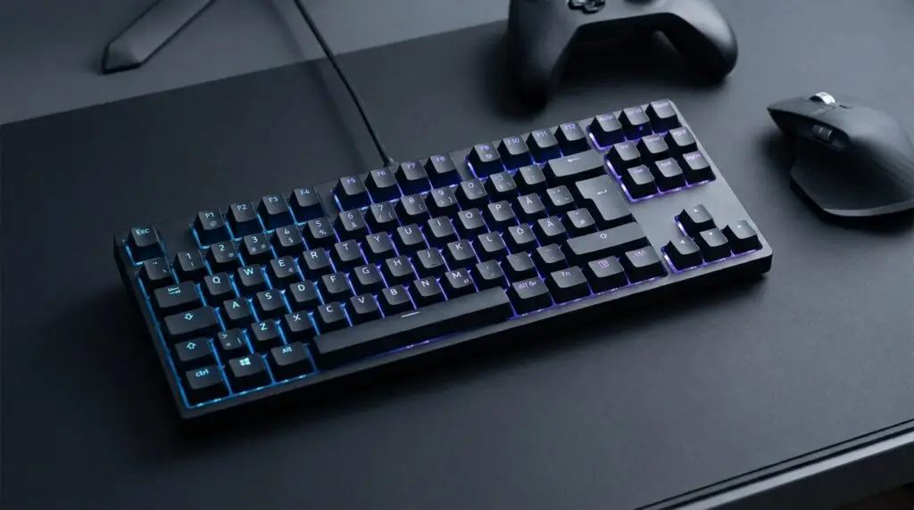 Ett svart, sladdanslutet mekaniskt tangentbord med rgb-bakgrundsbelysning står på ett mörkt skrivbord bredvid en trådlös mus och en spelkontroll.