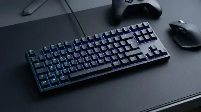 Ett svart, sladdanslutet mekaniskt tangentbord med RGB-bakgrundsbelysning står på ett mörkt skrivbord bredvid en trådlös mus och en spelkontroll.